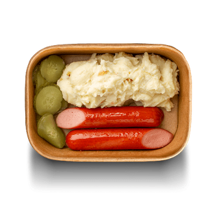 Пюре з баварською сосискою та огірком