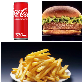 Hamburger + pomfrit + Coca-Cola
