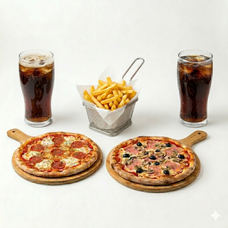Menú 2 pizzas (medianas) + patatas + 2 bebidas (330 ml.)