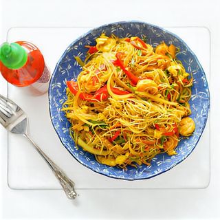 Singapore Noodles with Grilled Turkey and Prawns