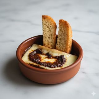 Caciocavallo silano con crostoni alla 'nduja, serviti nel coccio