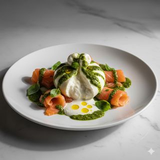 Salmone, burrata, pesto e colatura di alici