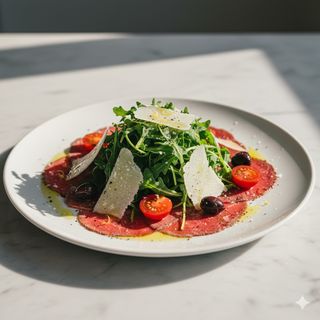 Carpaccio di filetto di manzo con rucola, scaglie di grana, olive taggiasehe, datterini