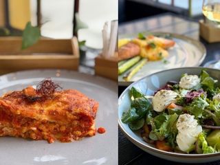 Lasagne z łososiem i owocami morza+ Zielona sałatka z warzywamu z fetą