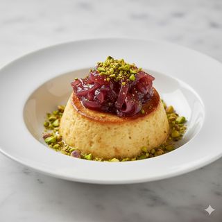 Flan di parmigiano, cipolla rossa di tropea caramellata e pistacchio