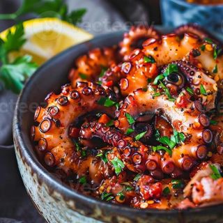 Octopus Grilled served with Vegetables and Rosemary Sauce