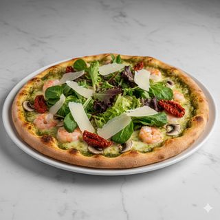 Pizza pesto shrimps