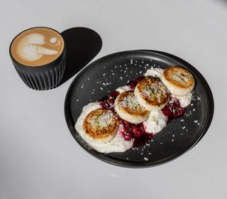 Cottage cheese pancakes with coconut sour cream