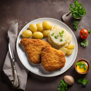 Panierowana pierś z kurczaka podana z ziemniakami i świeżą surówką