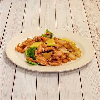 82. Телешко пържено с люти чушки и зеленчуци (600г)