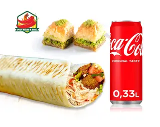 Zestaw Rollo Falafel z Hummusem +  Coca-Cola 330ml + Baklawa (2szt)