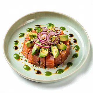 Tartar Atún, aguacate cebolla morada edamame Mayonesa Picante Y Sésamo