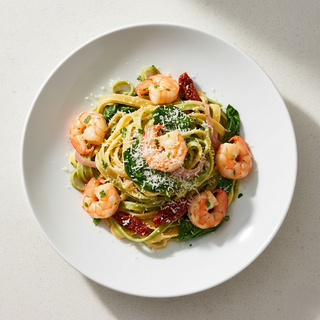 TAGLIATELLE VERZI CU CREVETI SI ROSII USCATE