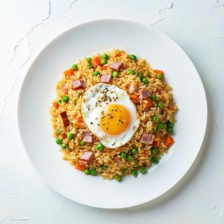 222.-Riso saltato, curry prosciutto, piselli ed uova.