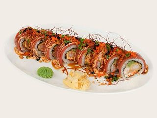 Кранч-грандж рол з крабом, спайсі тунцем і креветкою темпура (380g)