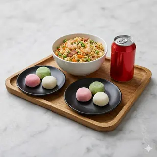 Menù riso, spaghetti classico, mochi gelato, bibita