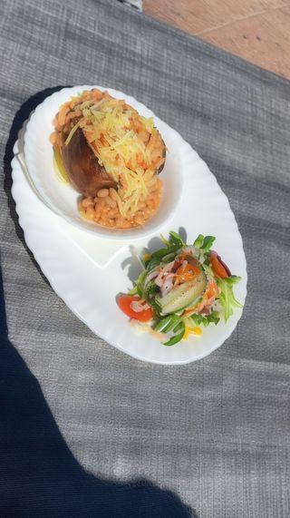 Jacket potatoes cheese and beans