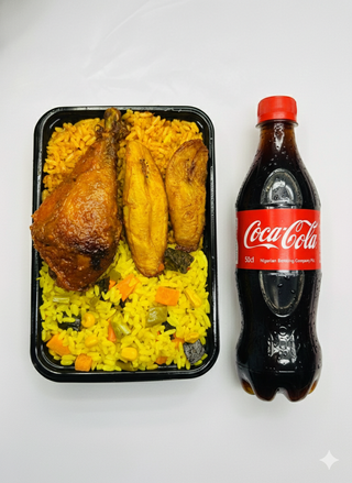 A Plate Of Rice With Chicken + Cocacola