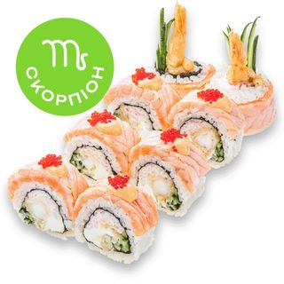 Рол Філадельфія Де Люкс з лососем абурі, креветкою темпура та крабміксом