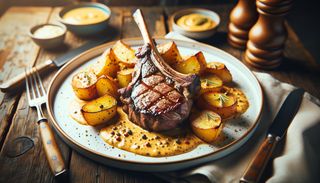 Cotlet de berbecuț cu cartofi și sos de boabe de muștar