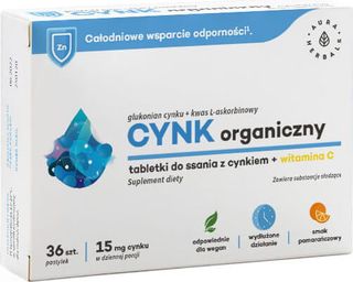 Cynk organiczny 15 mg Glukonian cynku + kwas L-askorbinowy 36 tabletek do ssania Aura Herbals