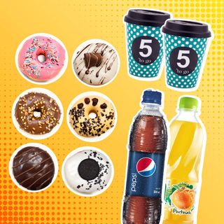6 x Donuts + 2 x bauturi racoritoare + 2 Cafea 5 to go