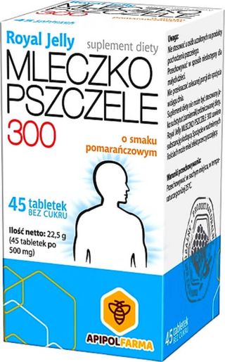 Mleczko pszczele 300mg Royal Jelly o smaku pomarańczowym 45 tabletek bez cukru Apipol Farma