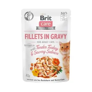 Brit Care Cat Pouches Fillets in Gravy with Tender Turkey & Savory Salmon Enriched with Sea Buckthorn and Nasturtium 85g