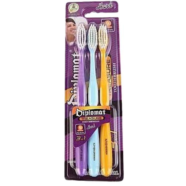 Diplomat Treasure 3-In-1 Hard Toothbrush, 3-Pack