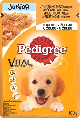 Pedigree junior sa piletinom i pirincem u zeleu-kompletna hrna za stence 100 g