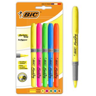 BIC Highlighter - Surligneurs à Pointe Biseautée Avec Grip 
- Couleurs Fluorescentes Assorties, Blister de 5