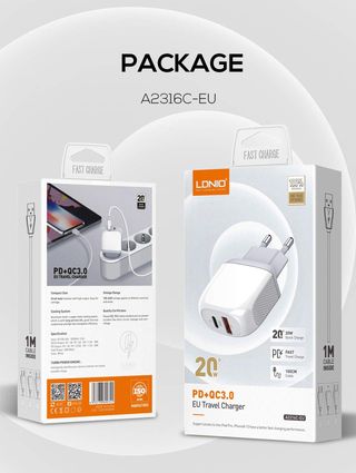 Ldnio a2316c 20w fast charge kućni punjač sa kablom c-type-ios