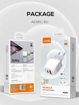 Ldnio a2316c 20w fast charge kućni punjač sa kablom c type