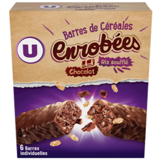 Barres de céréales enrobées de chocolat au riz souflé 6 unités U, 150g