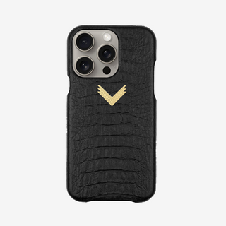 Husă Telefon iPhone 15, Piele Vițel, Textură Aligator, Negru/Gold, VELANTE