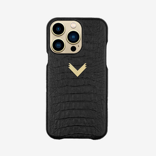Husă Telefon iPhone 13, Piele Vițel, Textură Aligator, Negru/Gold, VELANTE