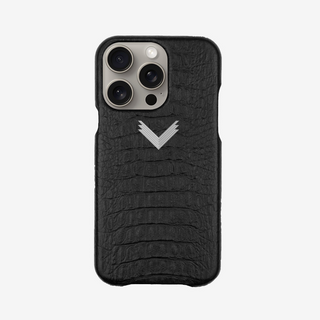 Husă Telefon iPhone 15, Piele Vițel, Textură Aligator, Negru/Silver VELANTE