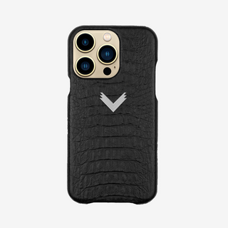 Husă Telefon iPhone 14, Piele Vițel, Textură Aligator, Negru/Silver VELANTE