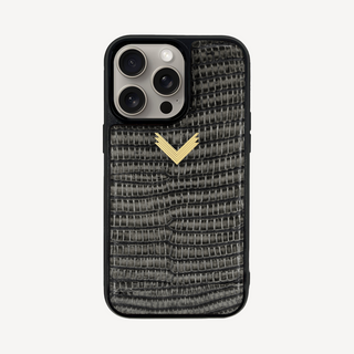 Husă Telefon iPhone 15, Piele Vițel, Textură Lizard, Negru/Gold, VELANTE