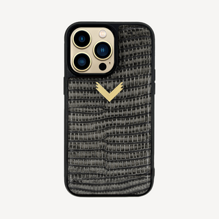 Husă Telefon iPhone 14, Piele Vițel, Textură Lizard, Negru/Gold, VELANTE