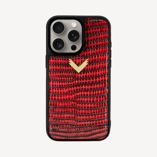 Husă Telefon iPhone 15, Piele Vițel, Textură Lizard, Rosu/Gold, VELANTE