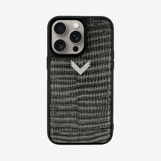 Husă Telefon iPhone 15, Piele Vițel, Textură Lizard, Negru/Silver, VELANTE