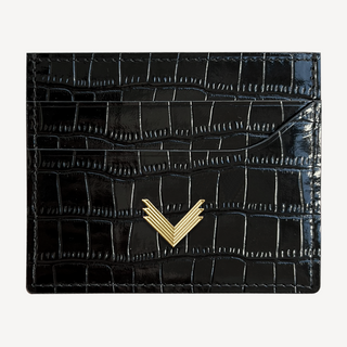 Port Card, Piele Vitel, Textura Crocodil, Negru Lucios/Gold, VELANTE