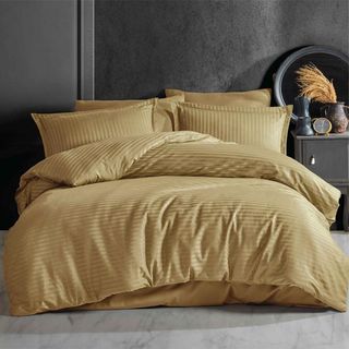 Posteljina Saten Delux za franc. krevet na pruge boja senfa Clasy