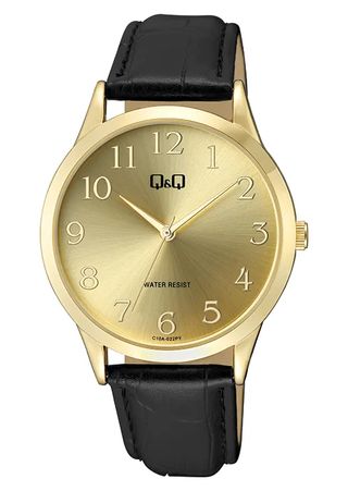 Q&Q Gold Water-Resistant Watch with Leather Strap