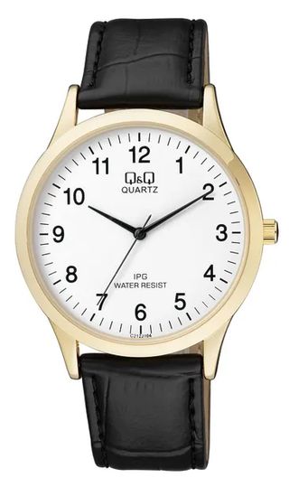 Q&Q Black Quartz Watch with Leather Strap