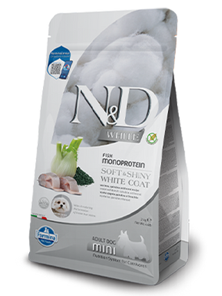 N&D ძაღლი. თეთრი ძაღლი, ზღვის ბასი, სპირულინა & ცერეცო - ზრდასრული. მინი ჯიში 2 კგ (8010276041012)
