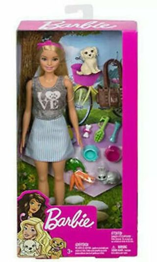 Barbie - ქერათმიანი ბარბი პიკნიკის აქსესუარებით   ცხოველებთან ერთად