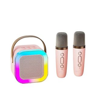 Colorful karaoke sound system with two microphone pink