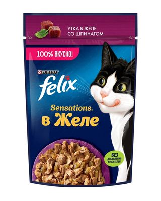 Felix(Феликс) Sensations влажный корм для кошек в желе с утки и шпината 75гр